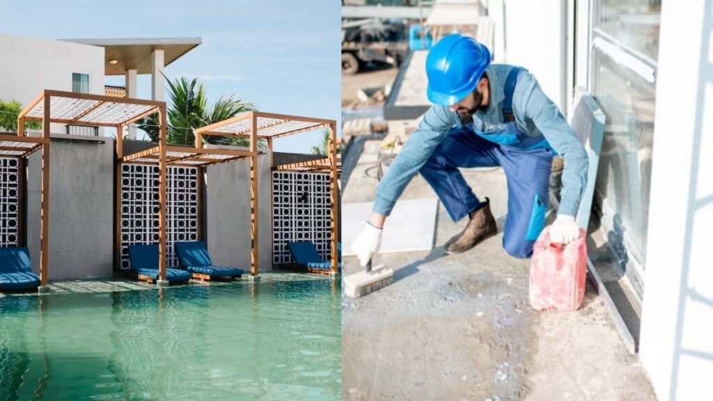 Our team applying waterproofing membrane on a luxury home roof in Palm Jumeirah.